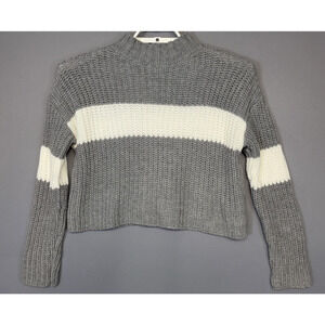 Forever 21 Sweater Womens Medium Gray White Stripe Chunky Knit Mock Neck Cropped